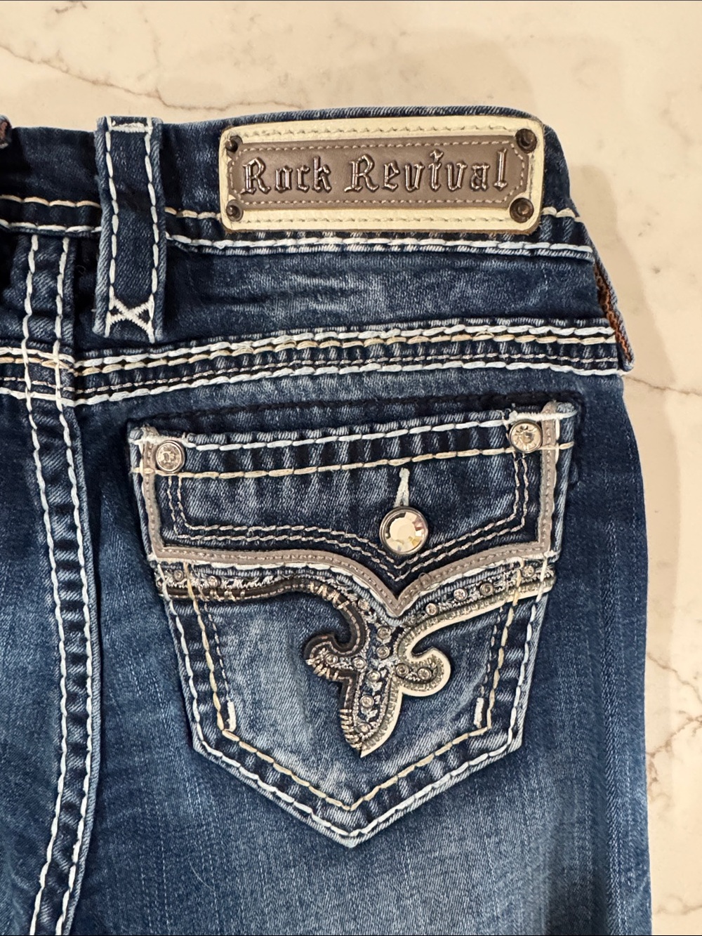 Rock Revival Women's Blue Bootcut Jeans with Embellished Back Pocket